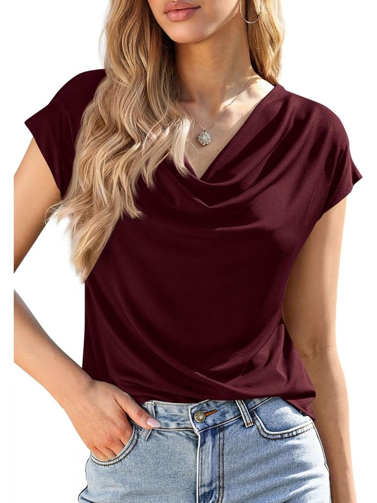Women's Blouses Dressy Brown Casual Summer Cowl Neck Short Sleeves Tops